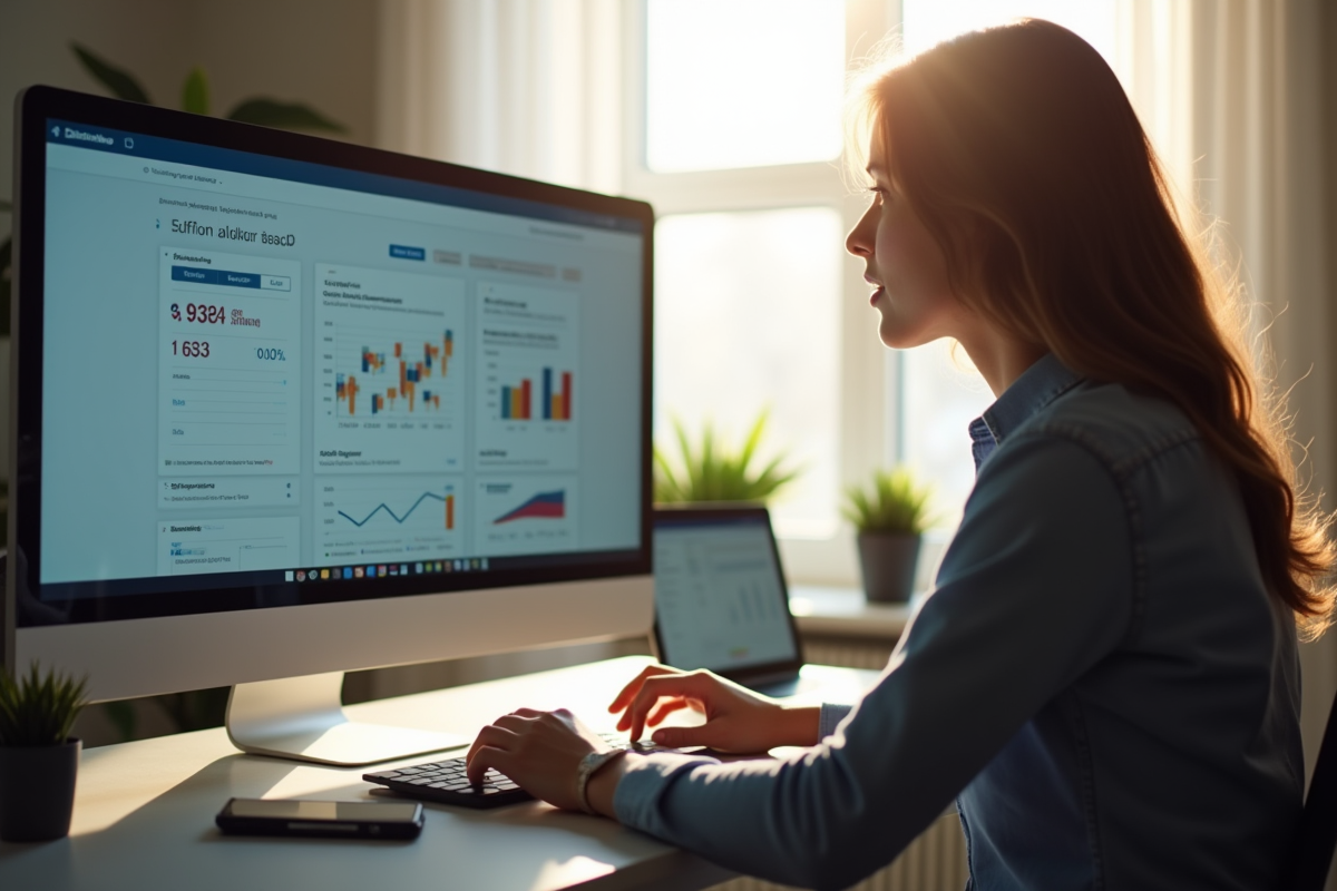 Personne travaillant à domicile sur un ordinateur avec données marketing
