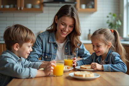 Mère souriante avec ses enfants au petit déjeuner à la maison