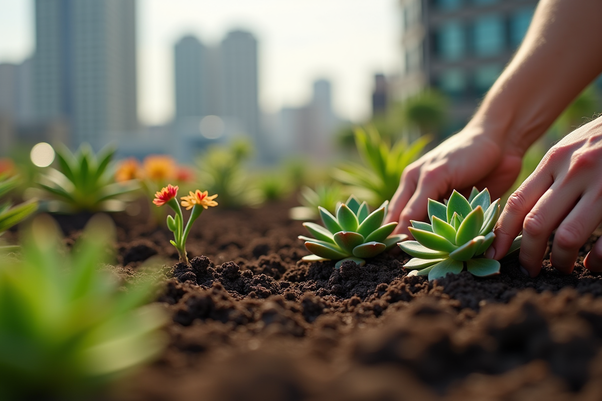 Mains plantant succulents et fleurs sur une terrasse urbaine