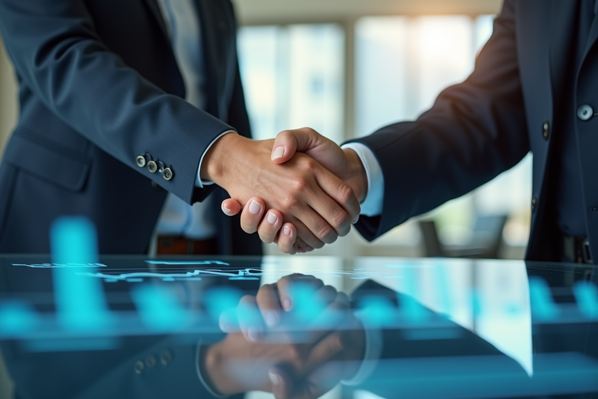 Poignee de main entre deux professionnels avec graphiques financiers en fond