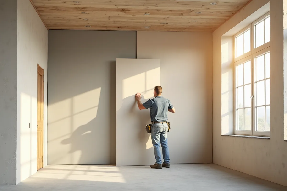 Poseur de drywall dans une pièce moderne en construction