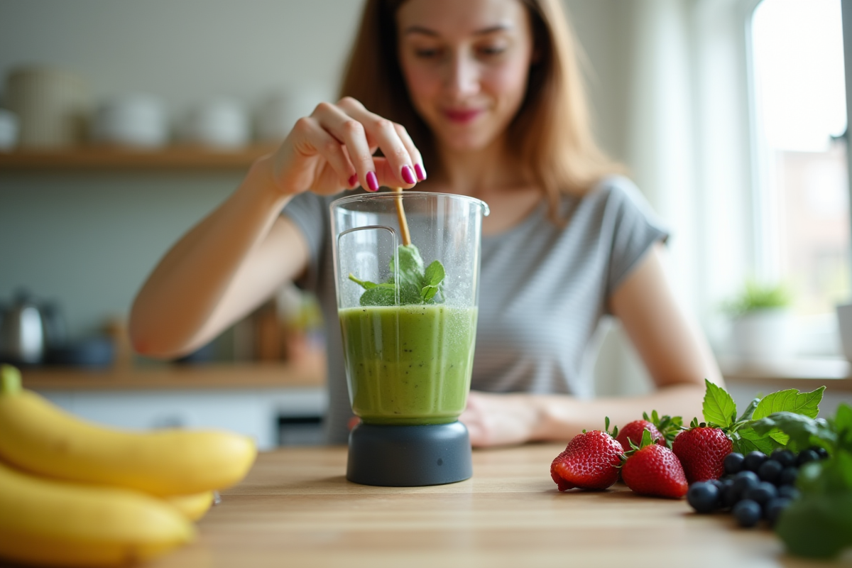 Jeune adulte préparant un smoothie aux épinards et fruits