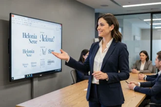 Femme professionnelle présentant une mise en page typographique Helonia Neue lors d'une réunion client en salle de conférence moderne