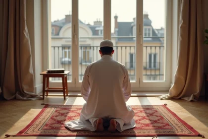 Homme en djellaba blanche priant sur un tapis de prière dans un appartement moderne de Nantes avec vue sur les toits de la ville