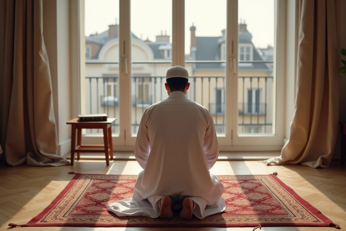 Homme en djellaba blanche priant sur un tapis de prière dans un appartement moderne de Nantes avec vue sur les toits de la ville