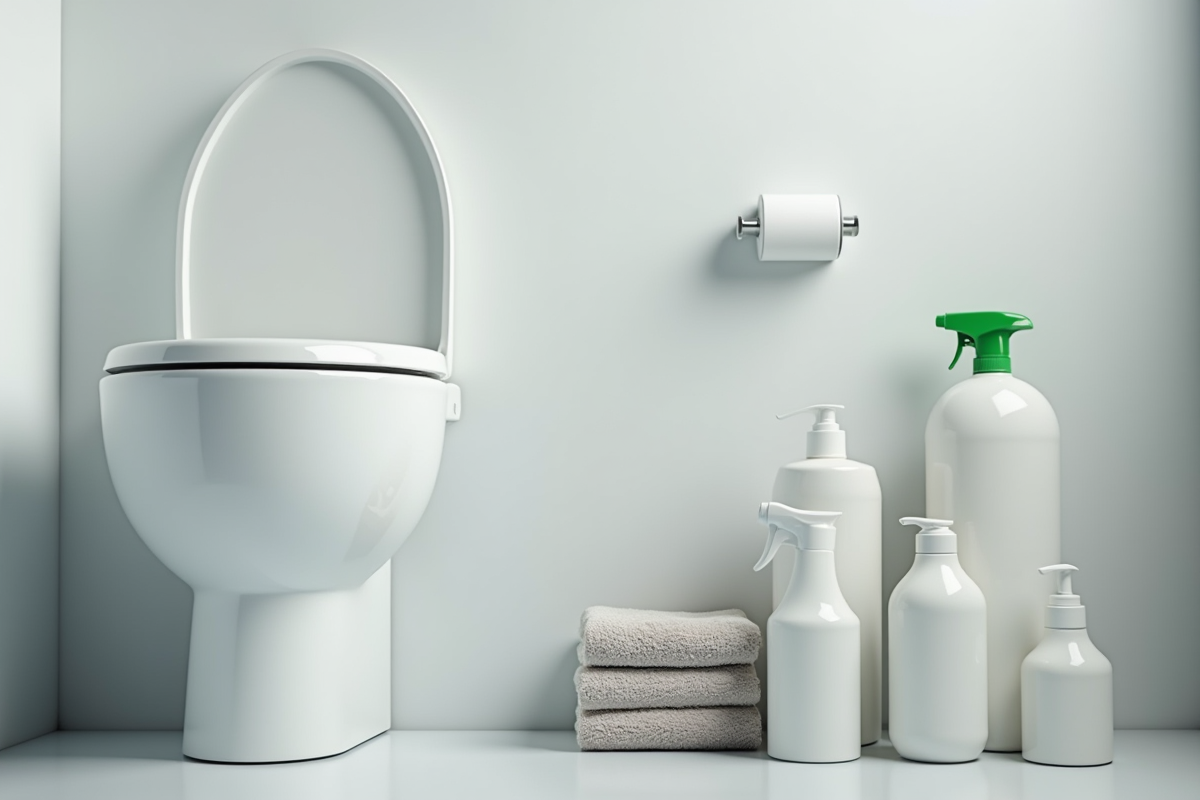 Produits de nettoyage pour toilette rangés sur le côté