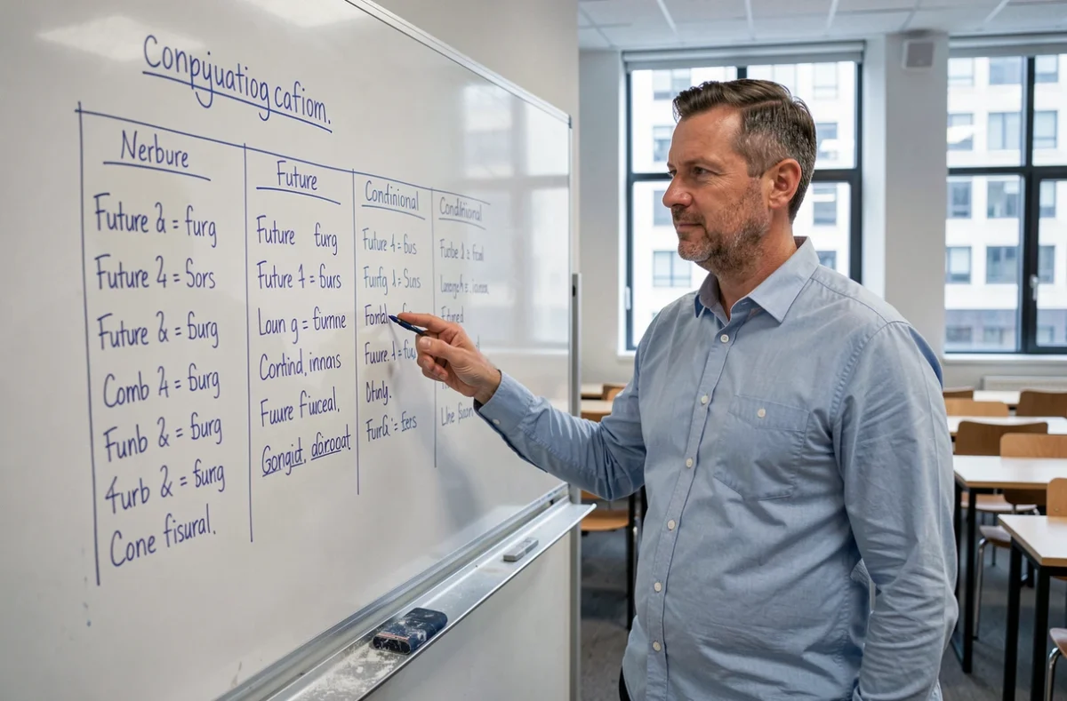 Professeur expliquant la conjugaison des temps verbaux français devant un tableau blanc en classe