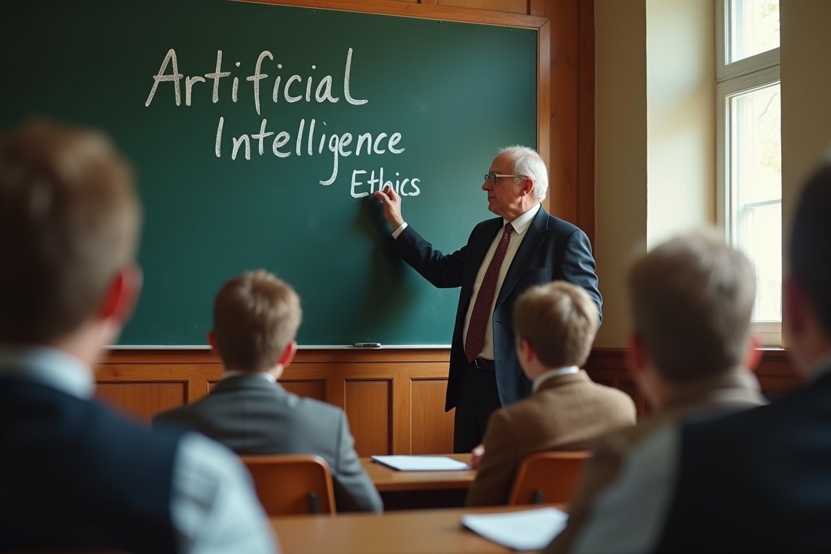 Professeur d éthique en cours sur l intelligence artificielle dans une salle de classe