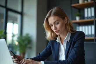 Professionnelle en blazer marine vérifiant un contact téléphonique sur smartphone et ordinateur portable dans un bureau moderne