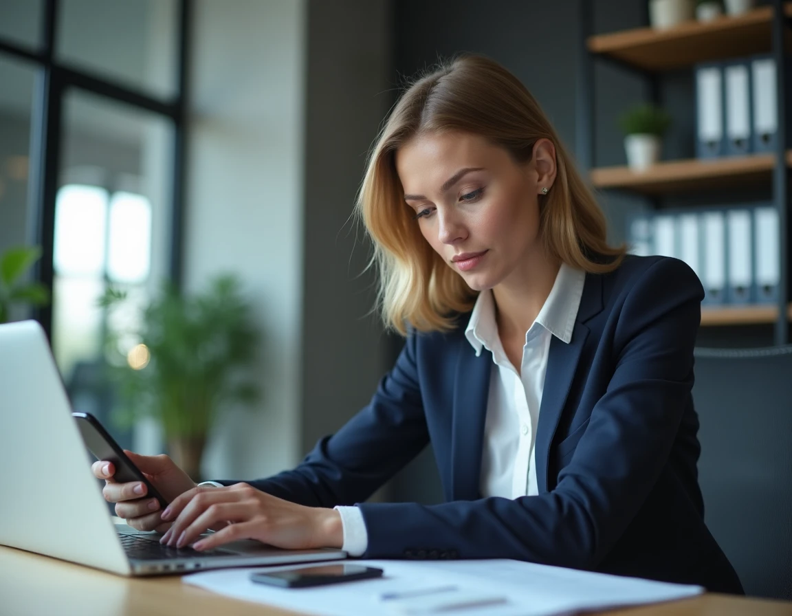 Professionnelle en blazer marine vérifiant un contact téléphonique sur smartphone et ordinateur portable dans un bureau moderne
