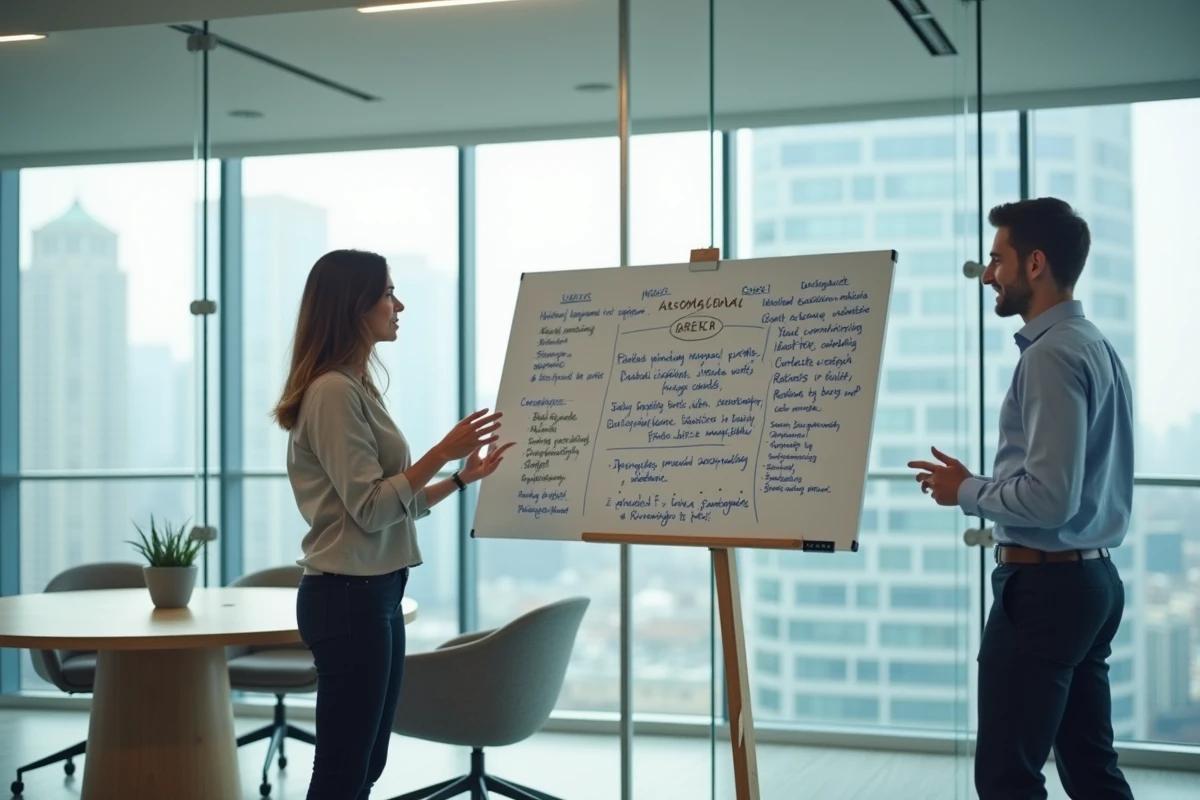 Deux professionnels discutant des meilleurs synonymes de stage pour un profil LinkedIn percutant devant un tableau blanc en salle de réunion