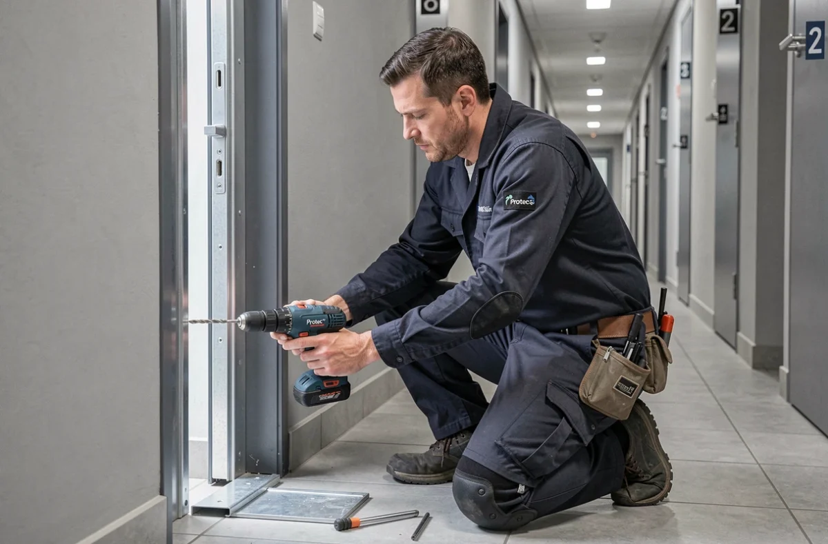 Technicien Protec' Sur posant un kit anti-effraction sur un cadre de porte d'appartement à Montpellier