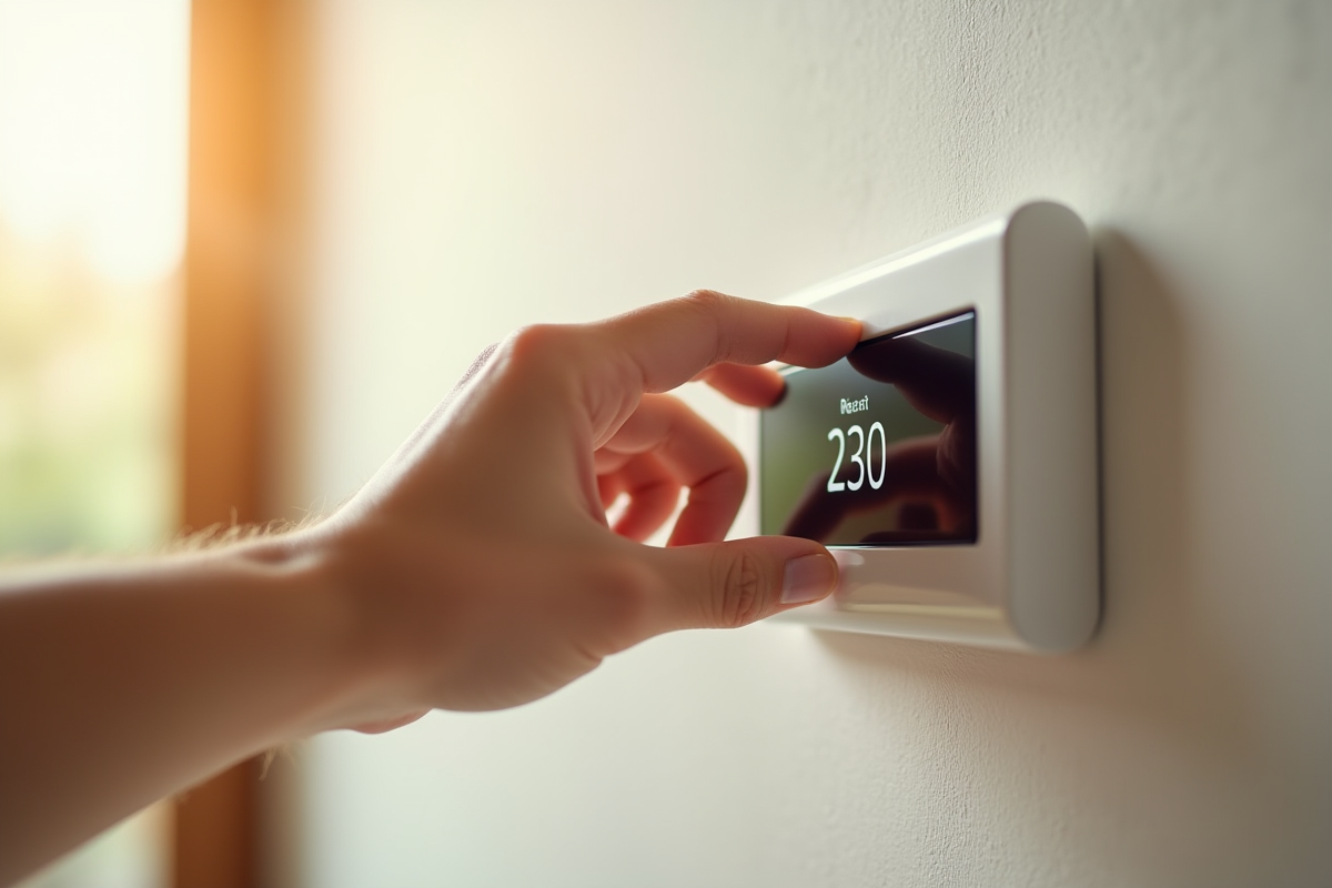 Main ajustant un thermostat intelligent en lumière naturelle