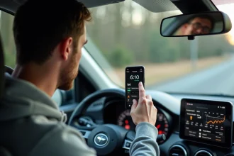 Conducteur ajustant les réglages de vitesse mph et kmh sur une application GPS montée sur le tableau de bord d'une voiture
