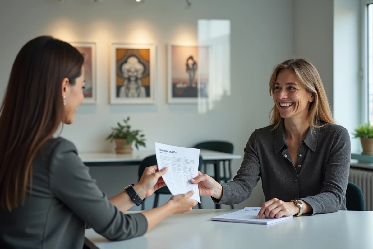 Femme remettant sa lettre de motivation à un recruteur lors d'un entretien dans une agence de design artistique