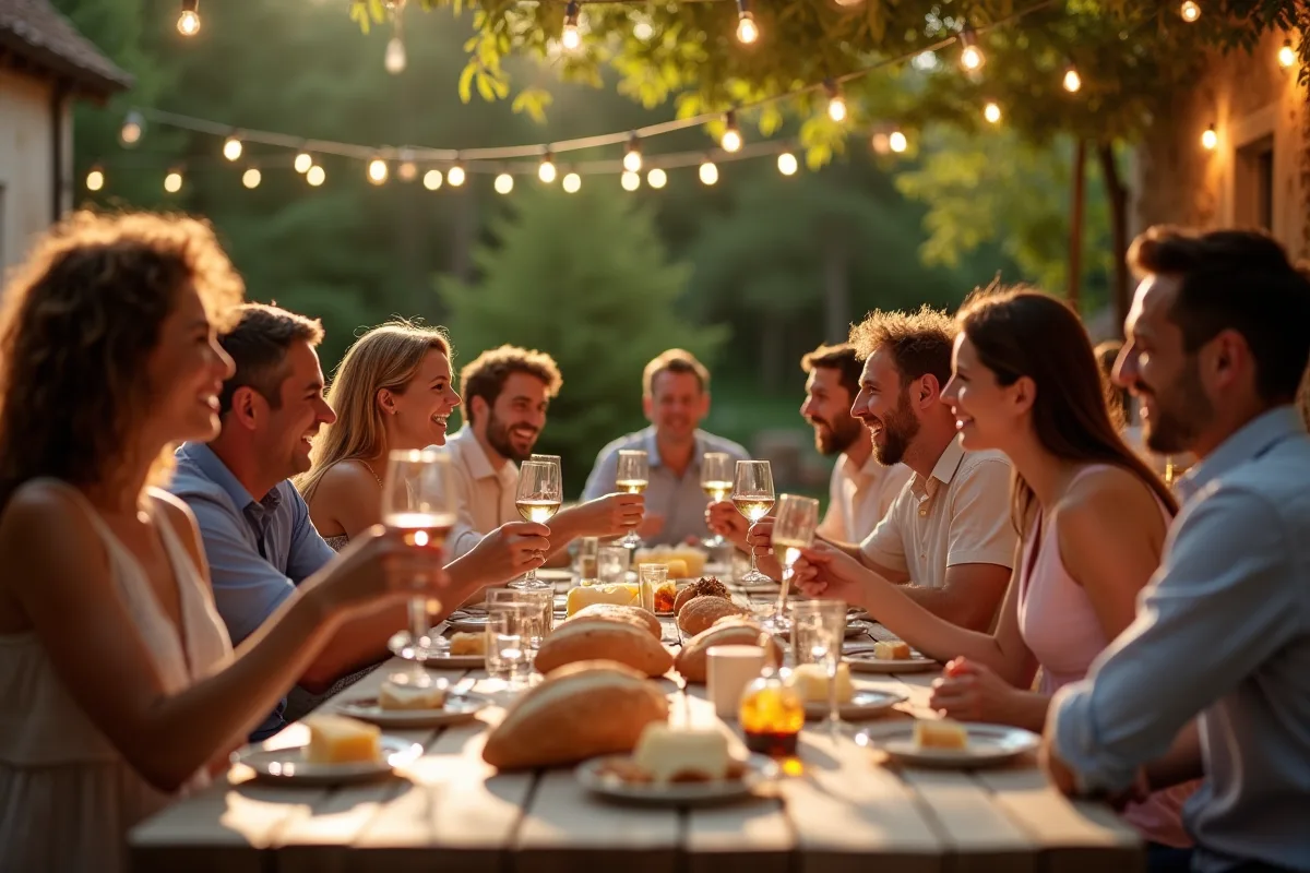 Groupe partageant un repas traditionnel dans un village français