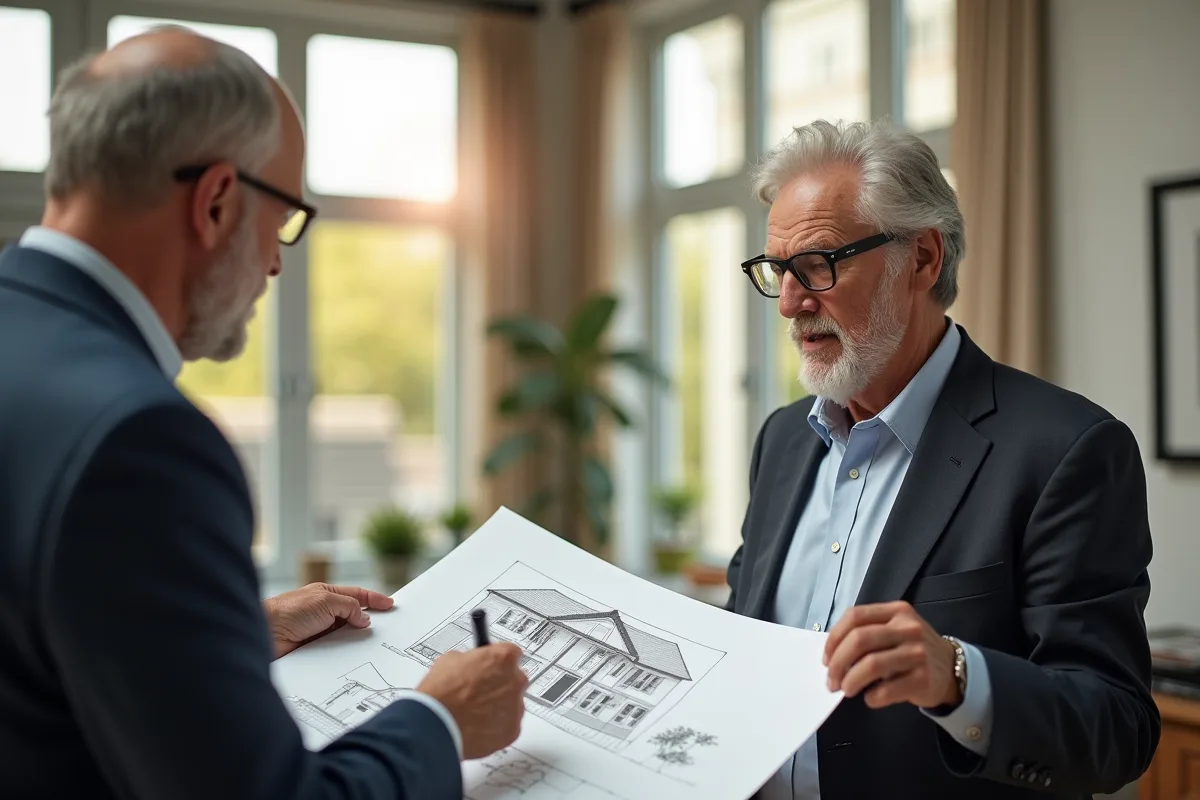 Retraite examinant plans de maison avec agent immobilier