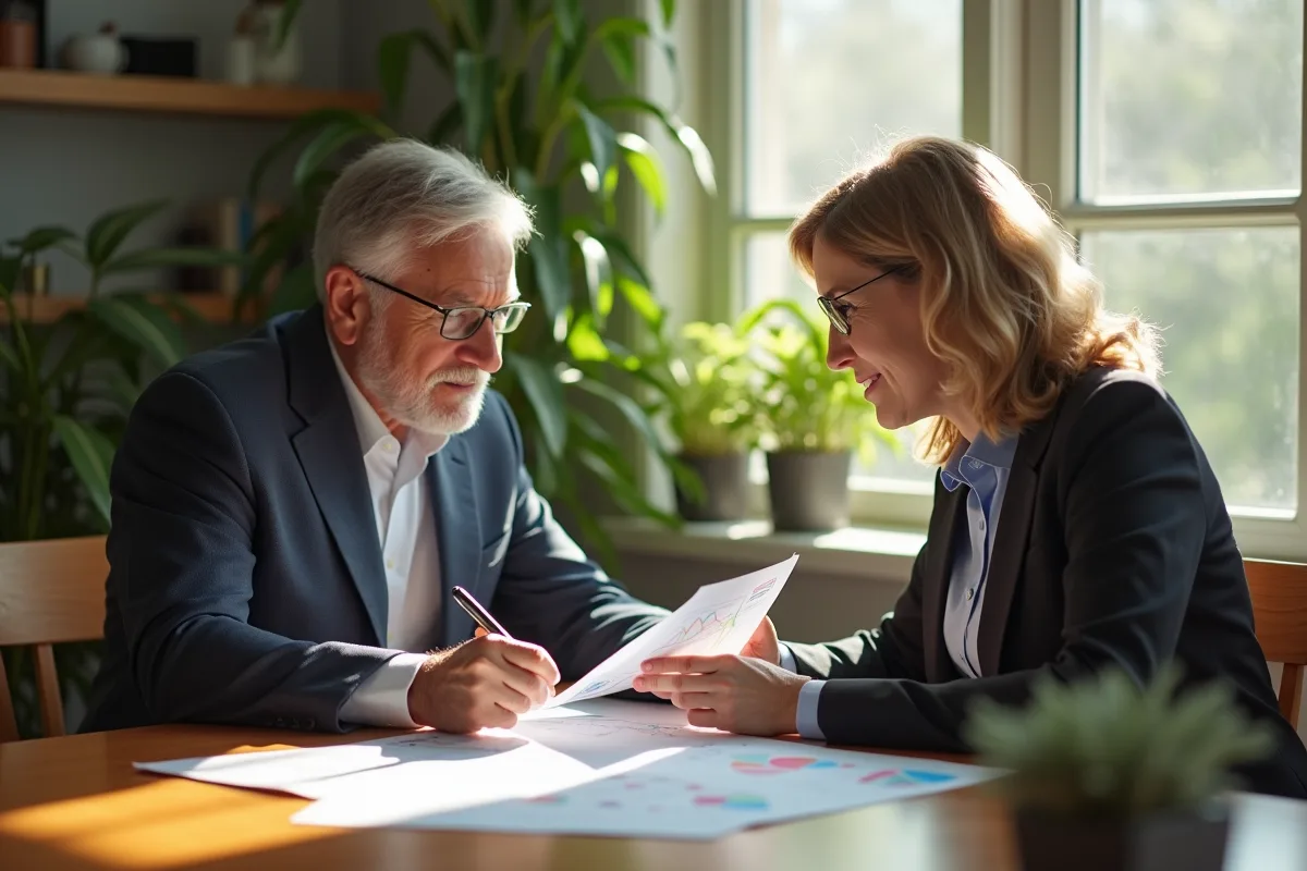 Homme et femme d affaires analysant des documents financiers