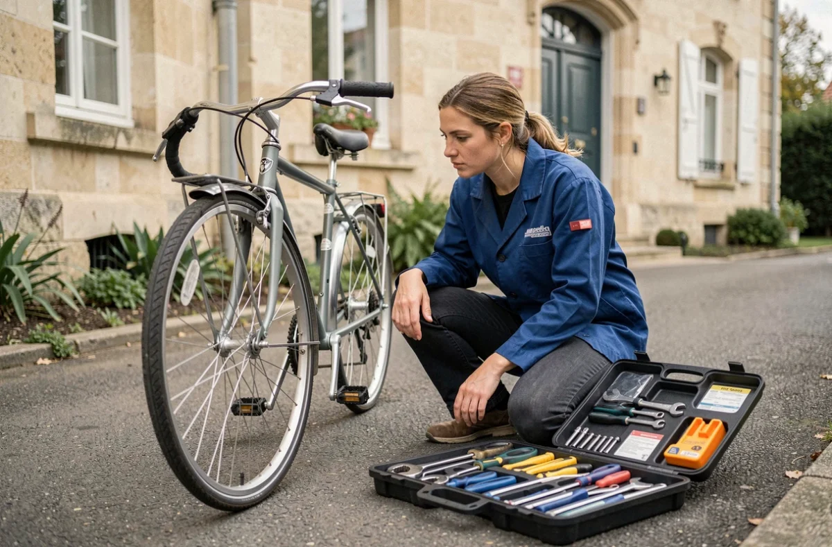 Technicienne vélo réparant un vélo à domicile dans une rue résidentielle de Bordeaux