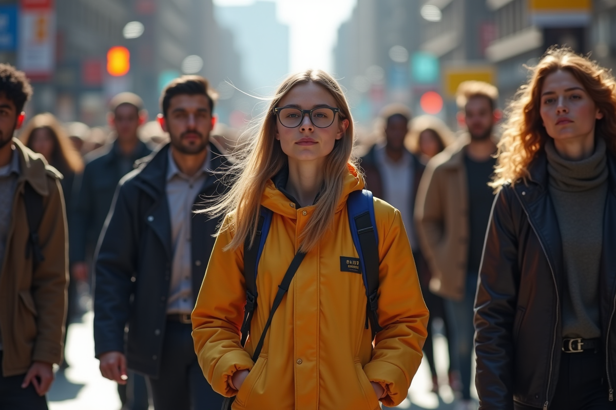 Personnes de différents âges en vêtements variés dans la rue