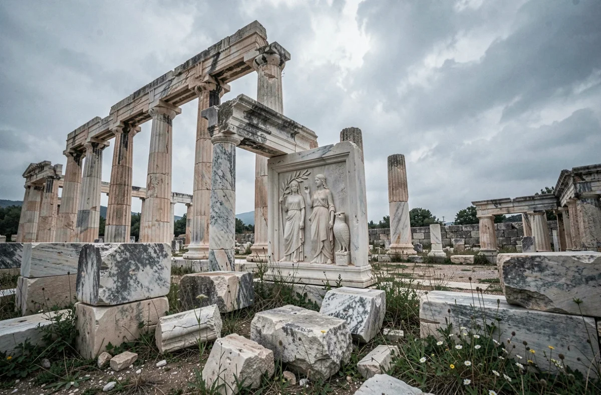 Ruines d'un temple grec antique avec bas-relief représentant Athéna et son hibou parmi les colonnes en pierre