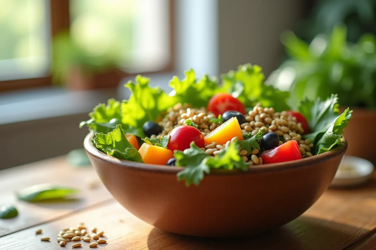 Salade colorée avec légumes frais et graines sur la table