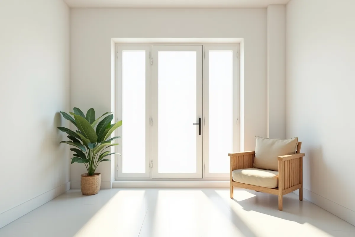 Salon moderne avec chaise en bois et grande fenetre