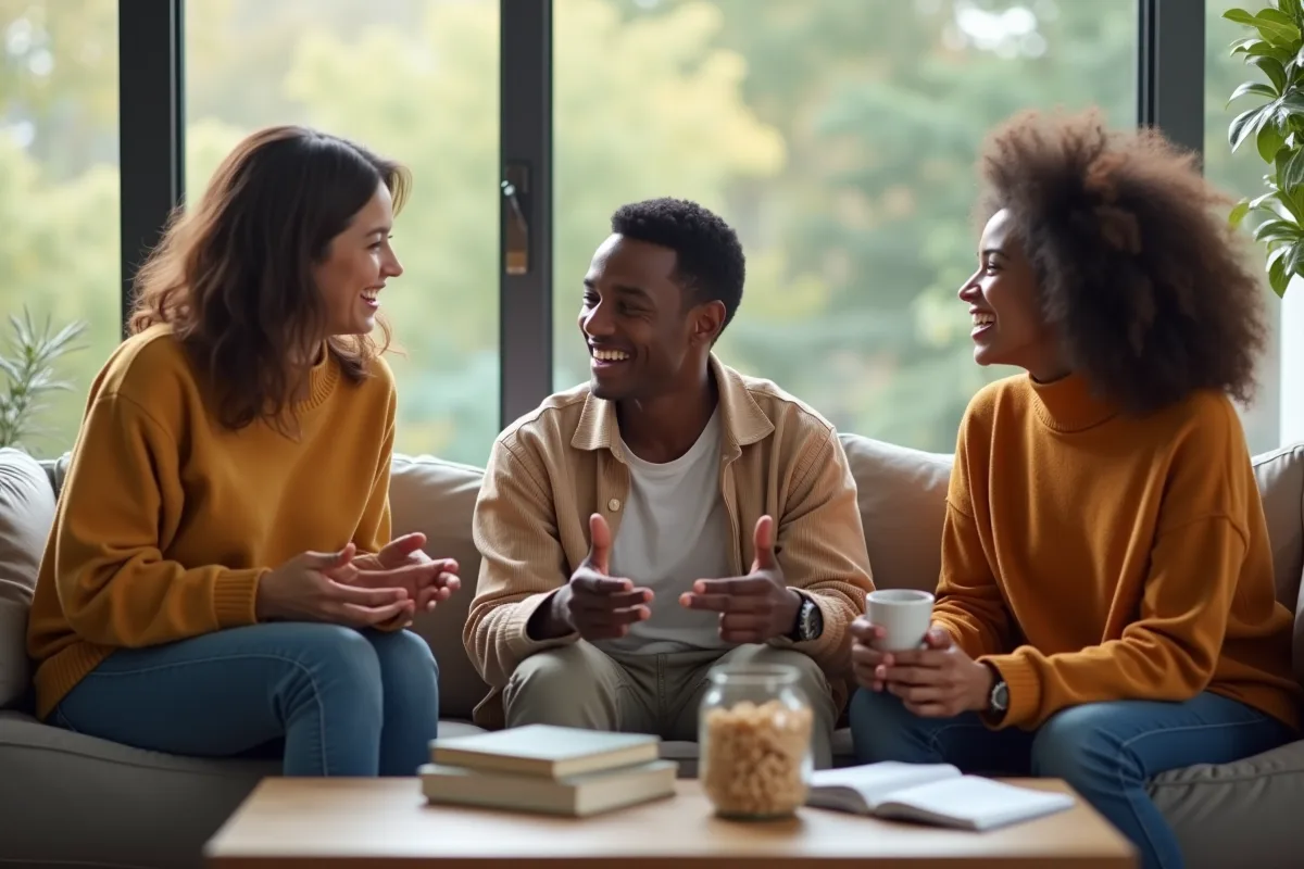 Trois jeunes adultes discutent dans un salon lumineux