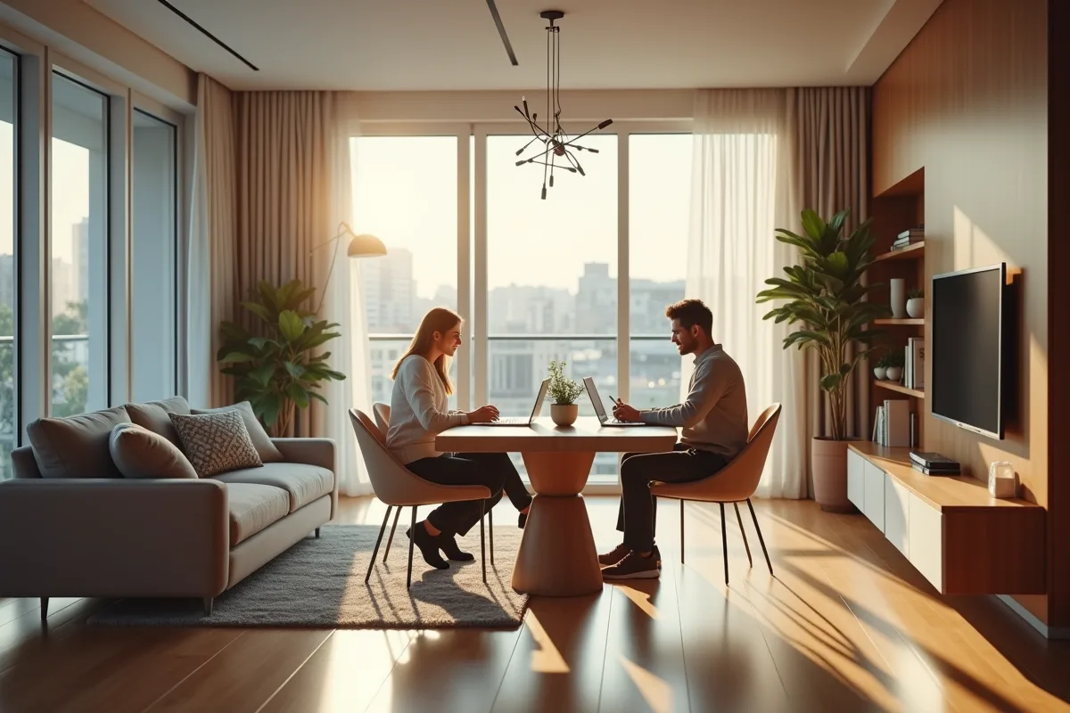 Salon lumineux avec un couple et documents immobiliers