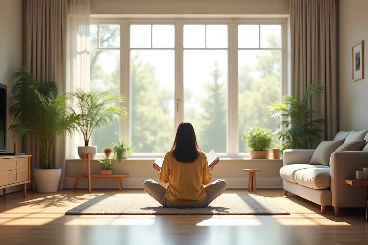 Salon lumineux et minimaliste avec personne lisant