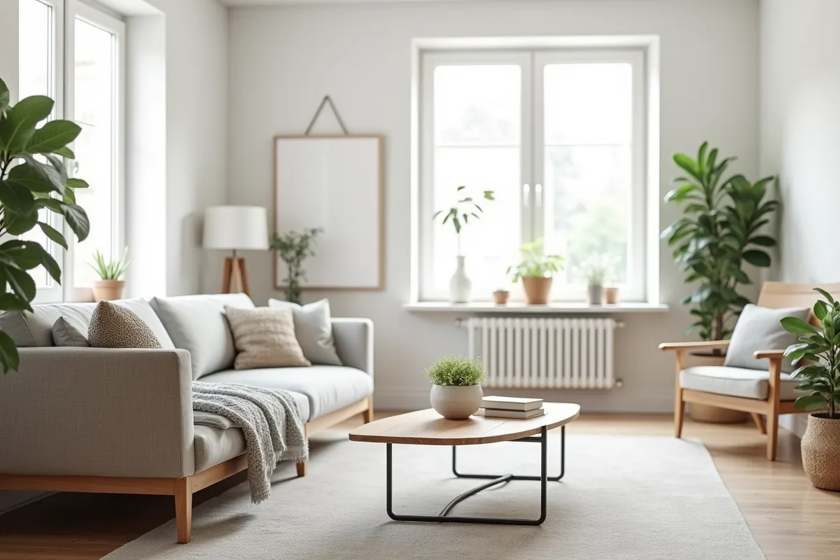Salon scandinave minimaliste avec meubles en bois et lumière naturelle