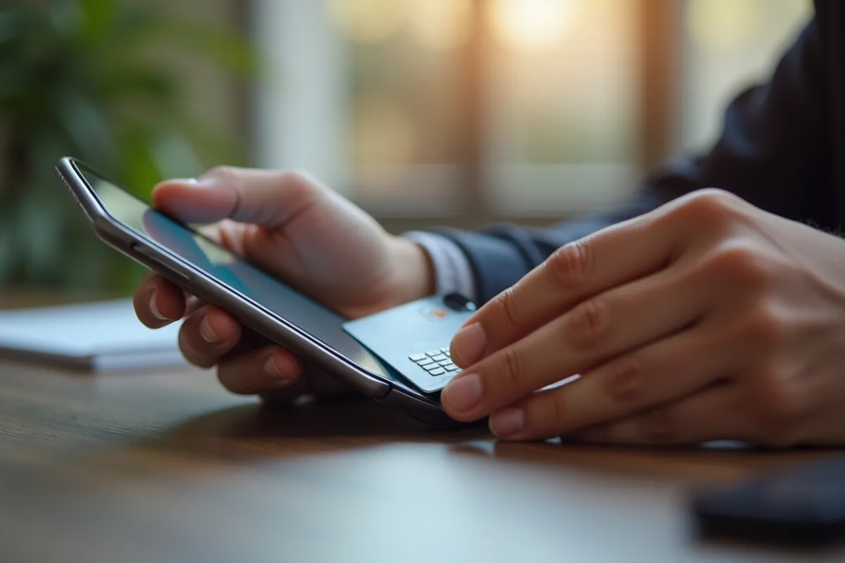 Main utilisant un smartphone pour scanner une carte bancaire avec portefeuille Bitcoin