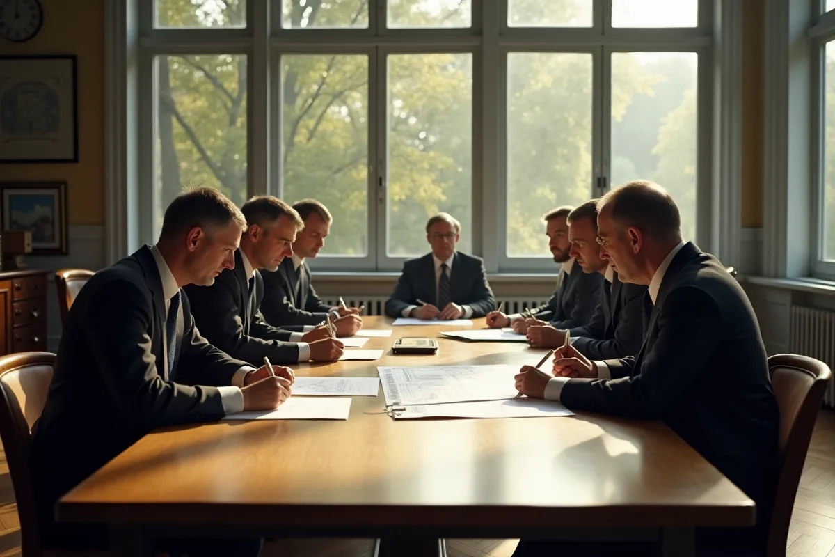 Groupe de scientifiques des années 1960 discutant d'intelligence artificielle