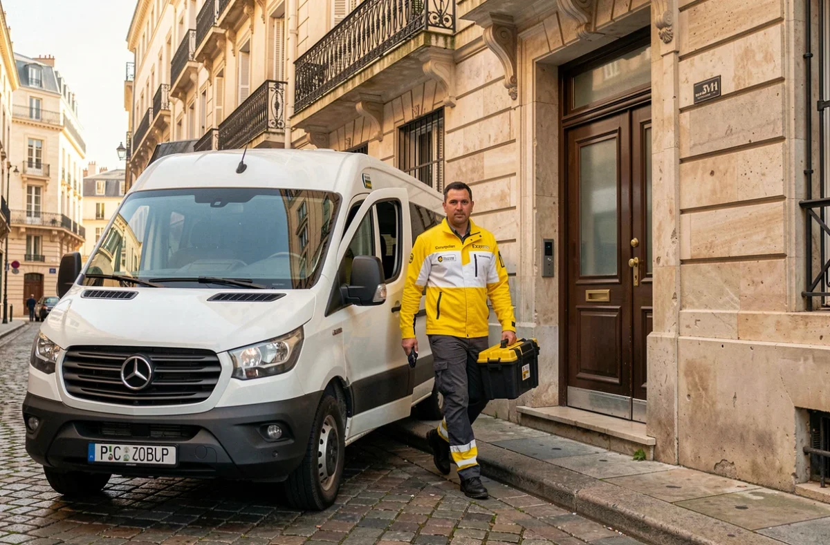 Technicien de Serrurier Montpellier Express arrivant en urgence devant un immeuble résidentiel avec sa camionnette de service