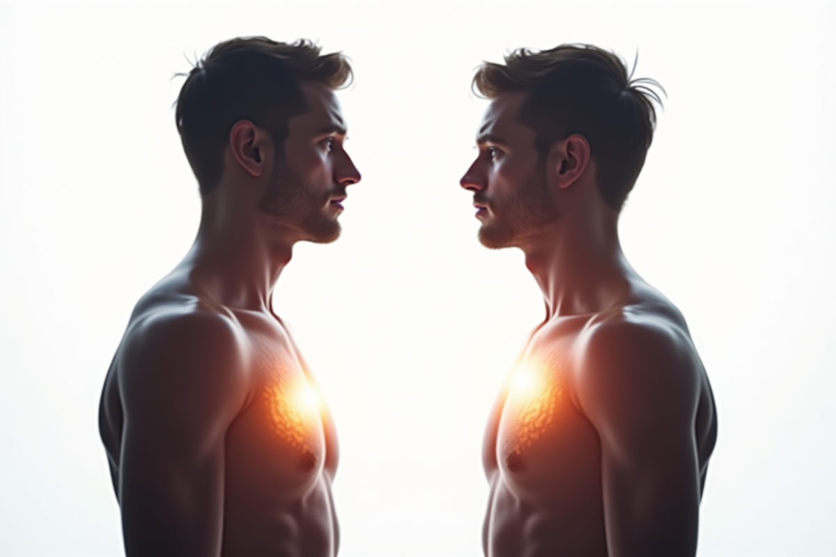 Deux silhouettes face à face avec lumière au niveau du cœur