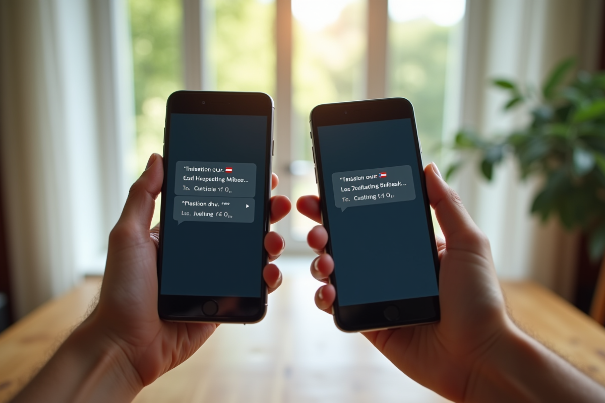 Mains tenant deux smartphones avec applications de traduction différentes