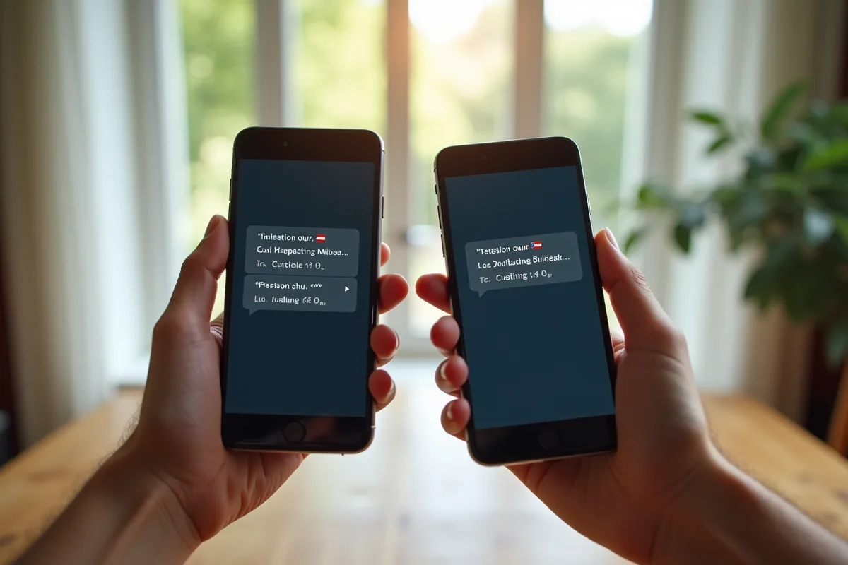 Mains tenant deux smartphones avec applications de traduction différentes
