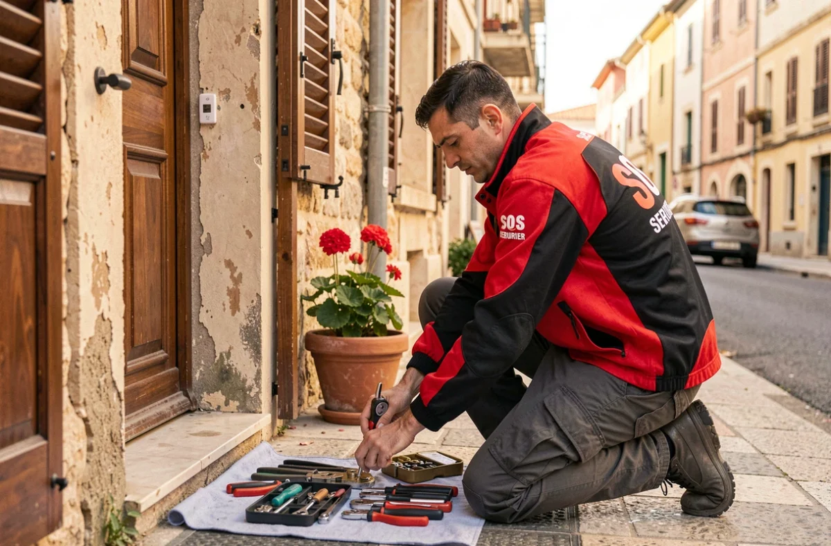 Technicien SOS Serrurier Montpellier intervenant en urgence sur une serrure de porte d'immeuble résidentiel