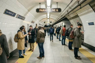 Quai animé d'une station de la ligne 6 du métro parisien avec voyageurs et signalétique rétro