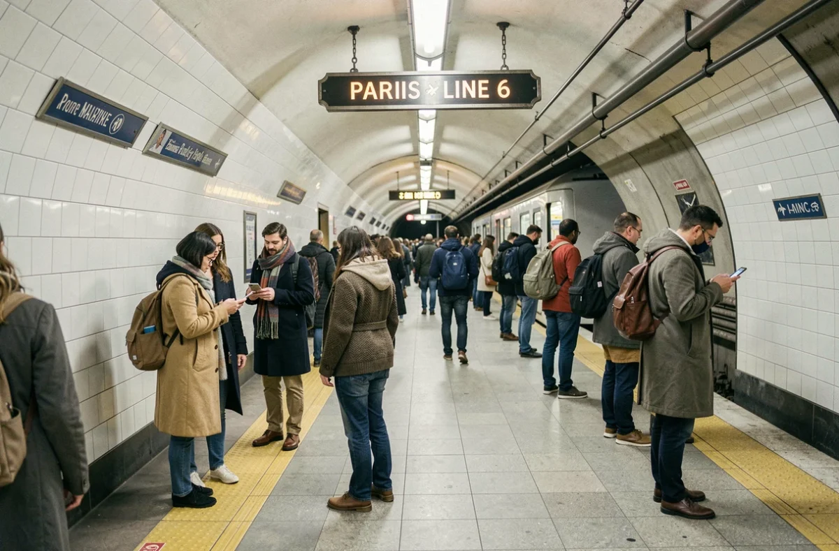 Quai animé d'une station de la ligne 6 du métro parisien avec voyageurs et signalétique rétro