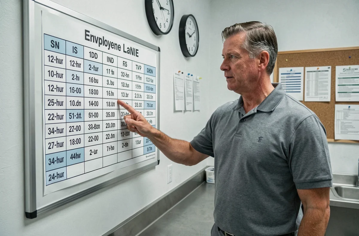Superviseur d'équipe pointant un tableau de conversion horaire AM PM en 24 heures dans une salle de pause industrielle
