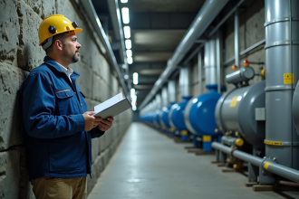 Technicien inspectant une grande installation souterraine d'air comprimé