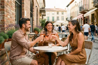 Groupe d'amis en terrasse d'un bar à Toulouse savourant un apéritif rosé par une belle soirée d'été