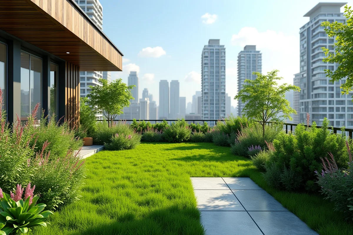 Terrasse urbaine végétalisée en plein soleil avec bâtiments