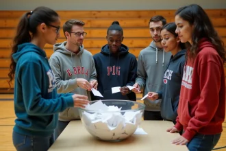 Groupe de joueurs effectuant un tirage au sort équitable en piochant des papiers dans un bol transparent lors d'une session sportive en gymnase