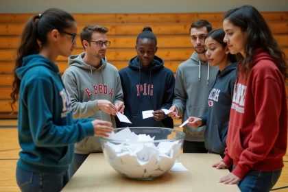 Groupe de joueurs effectuant un tirage au sort équitable en piochant des papiers dans un bol transparent lors d'une session sportive en gymnase