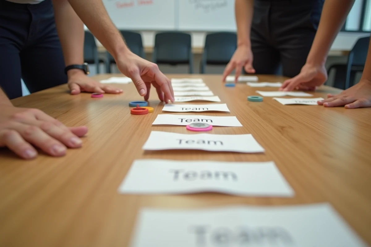 Vue rapprochée d'un tirage au sort de table avec des papiers pliés et des jetons colorés pour la constitution d'équipes aléatoires