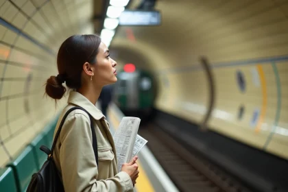 Touriste consultant un plan de la ligne 10 du métro parisien sur un quai de station