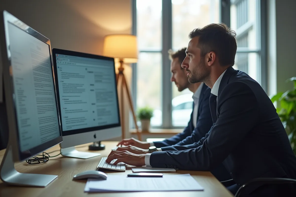 Deux traducteurs professionnels dans un bureau lumineux ensoleillé