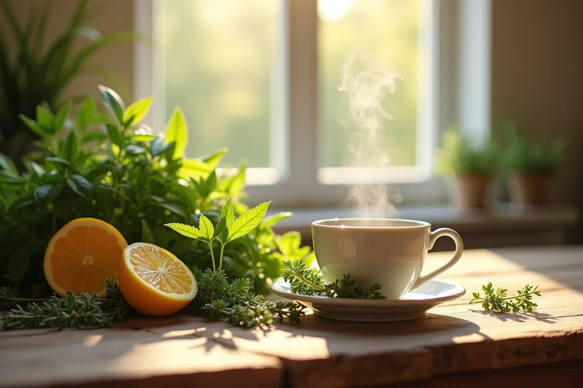 Table en bois avec herbes et tisane naturelle